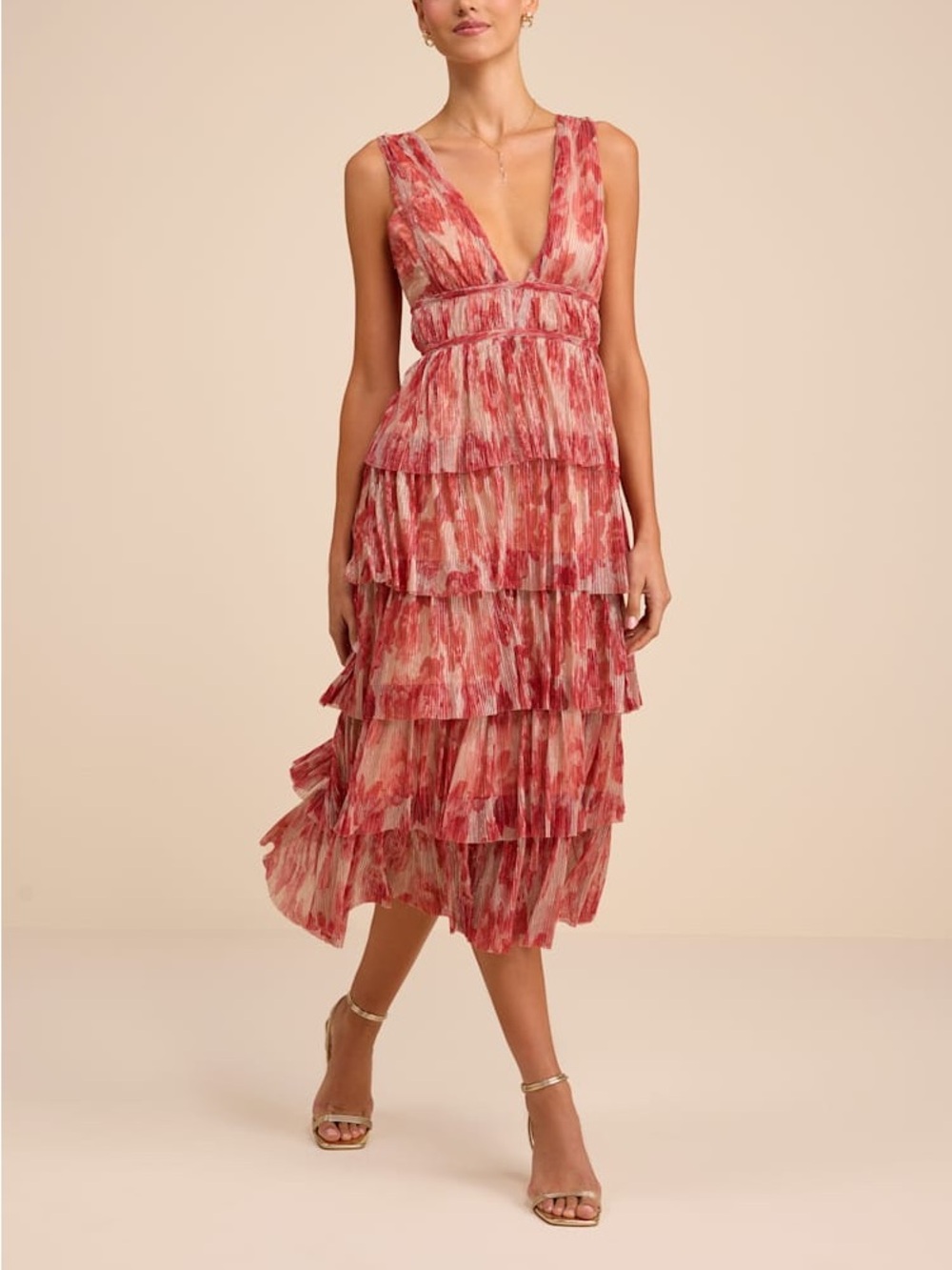 Lulus Valentia Magenta Plisse Sleeveless Tiered Midi Dress Size S NWT